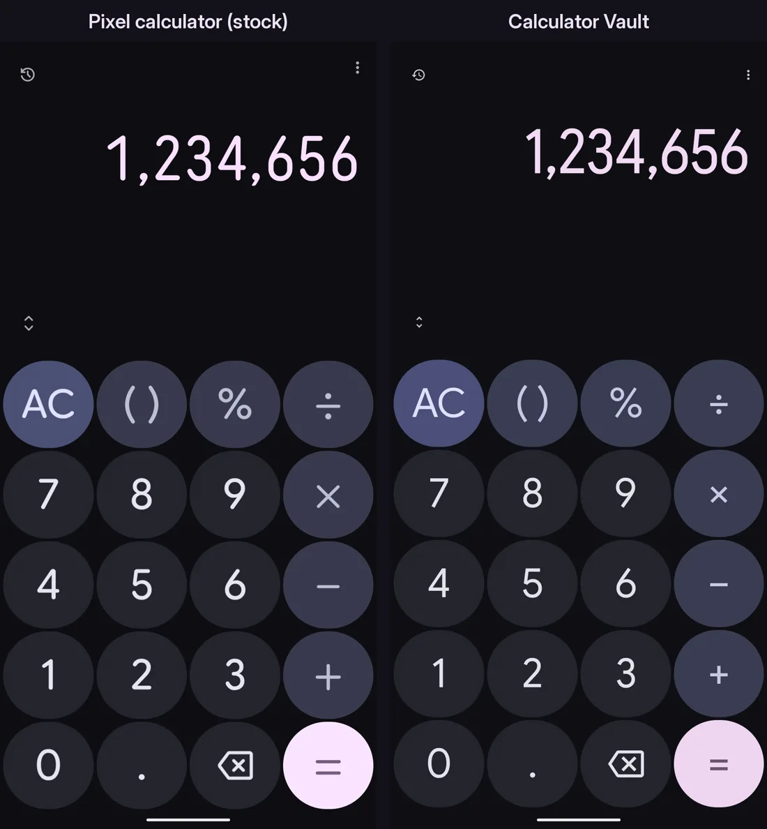 Two calculators side by side showing the same number, 1,234,656, with nearly identical keypads. Left is labeled Pixel calculator (stock), right is labeled Calculator Vault.